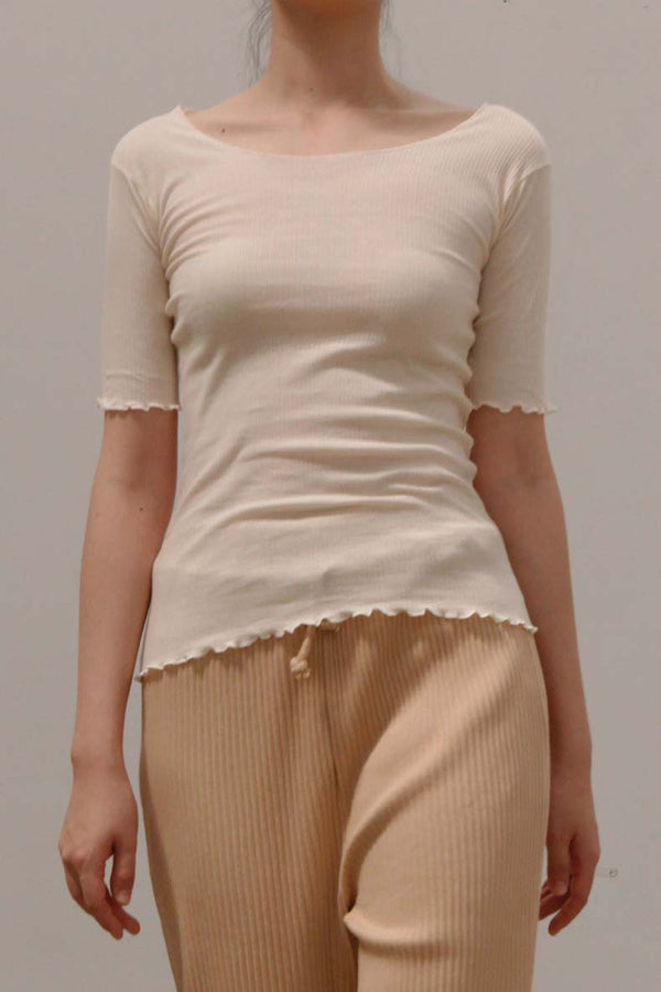 BASERANGE Round neck ruffled ribbed cotton T-shirt TOPA series collection France BAS-TOPA-WA-WI22-MIBAI Off-white TOPA-RB-000